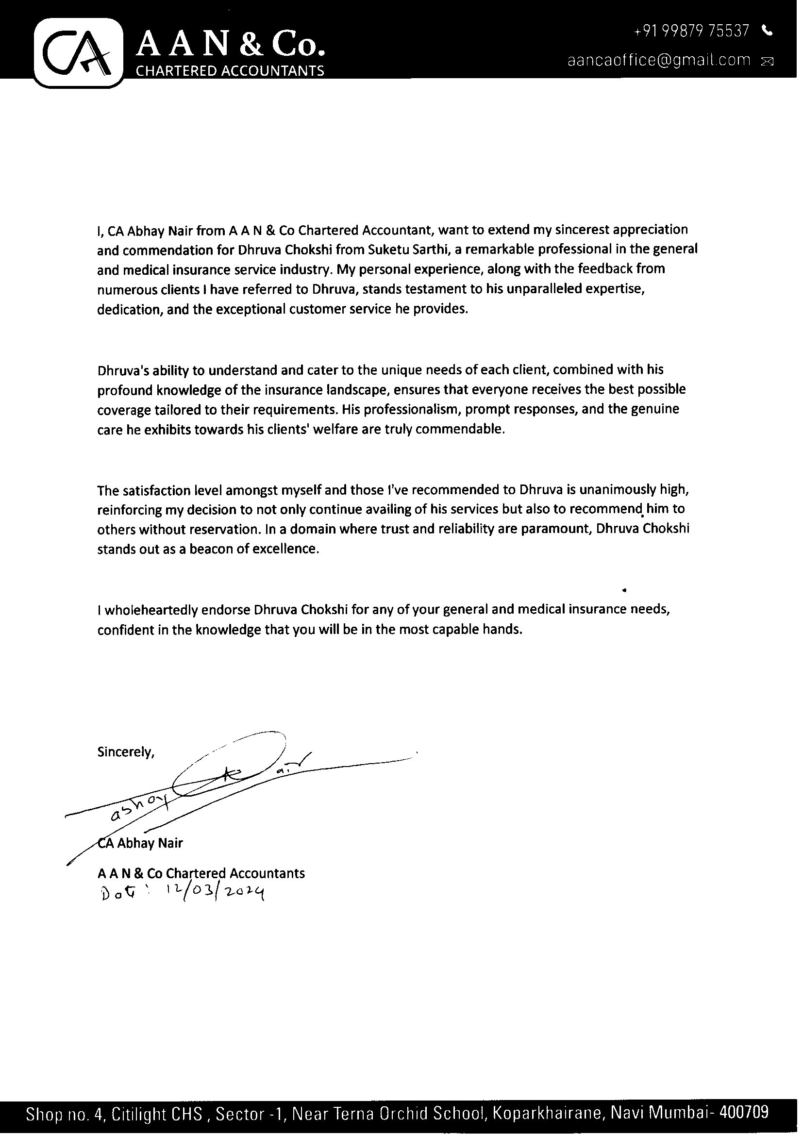 Testimonial letter from CA Abhay Nair, A A N & Co.